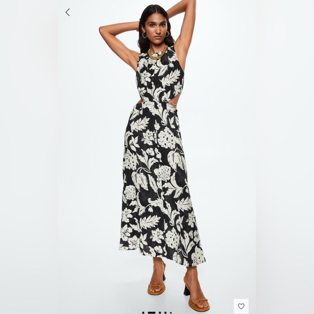 Mango Black and White Floral Pocket Midi Dress